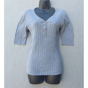 Henley Style Ribbed Top Womens L Gray Stretch Minimalist Preppy Academia Casual